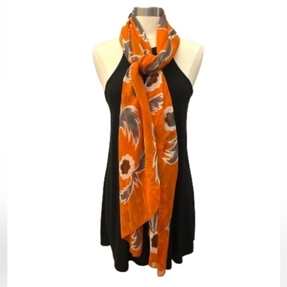 Marc by Marc Jacobs 100% Silk Scarf Orange & Gray Floral Design Large